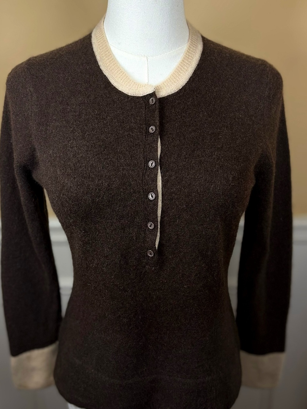 🤎🤍 Wendy B Cashmere Petites P/S Brown Cream 100% Cashmere Peter Pan Sweater